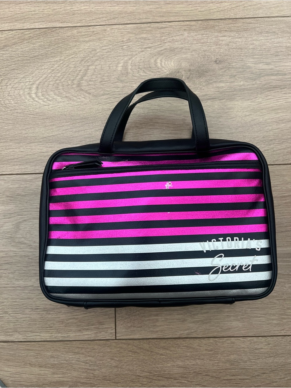 Victoria's Secret Hot Pink & Black Striped Travel Cosmetic Case